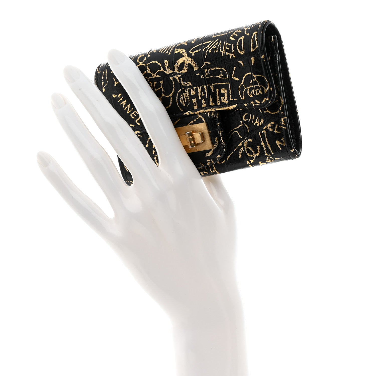 Chanel Calfskin Crocodile Embossed Graffiti 2.55 Crocodile Reissue Flap Card Holder Black Gold 2 of 9