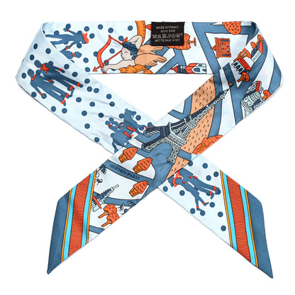 Hermes Silk Les Nouveaux Amoureux de Paris Twilly Ciel Blue Jean Orange 1 of 4