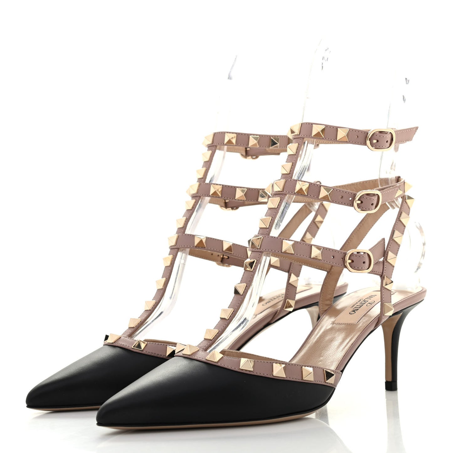 Calfskin Nappa Rockstud Ankle Strap 65mm Pumps 38 Black Poudre