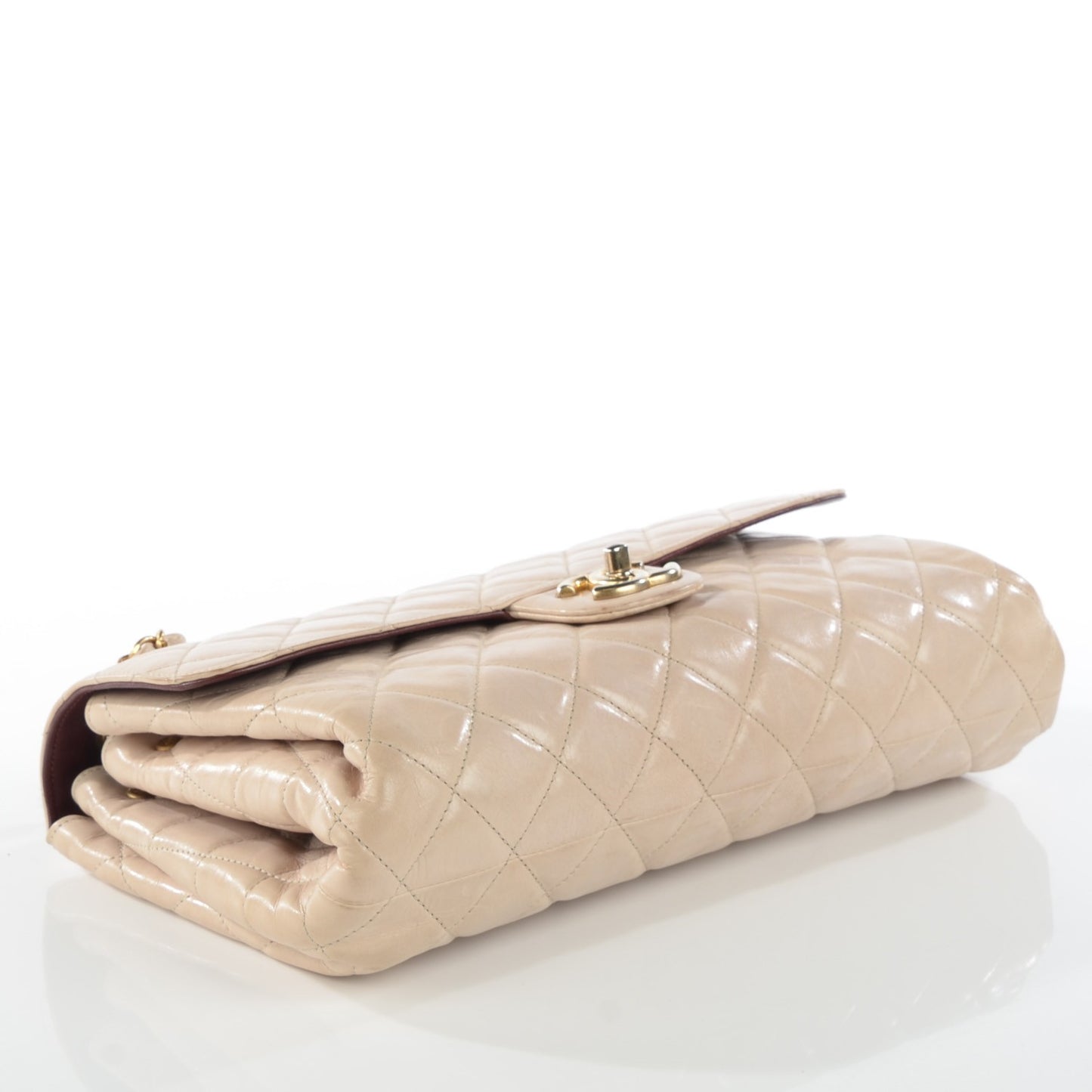 Glazed Calfskin Quilted Jumbo Clams Pocket Flap Beige