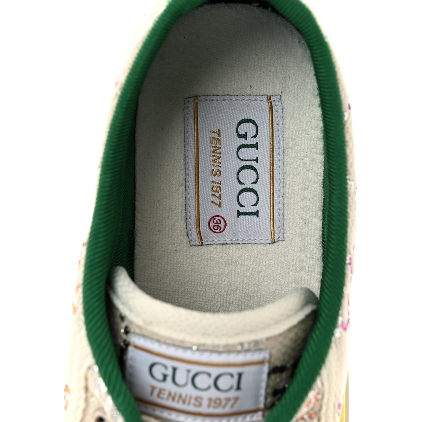 Canvas Lame Crystal GG Monogram Womens 1977 Tennis Sneakers 36 Gardenia Silver Mystic White