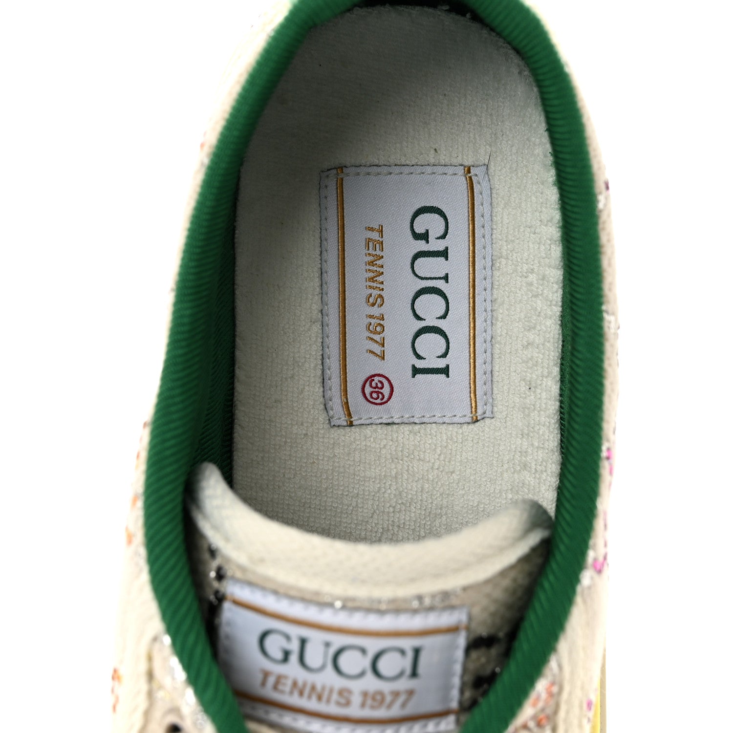 Gucci Canvas Lame Crystal GG Monogram Womens 1977 Tennis Sneakers 36 Gardenia Silver Mystic White 7 of 12