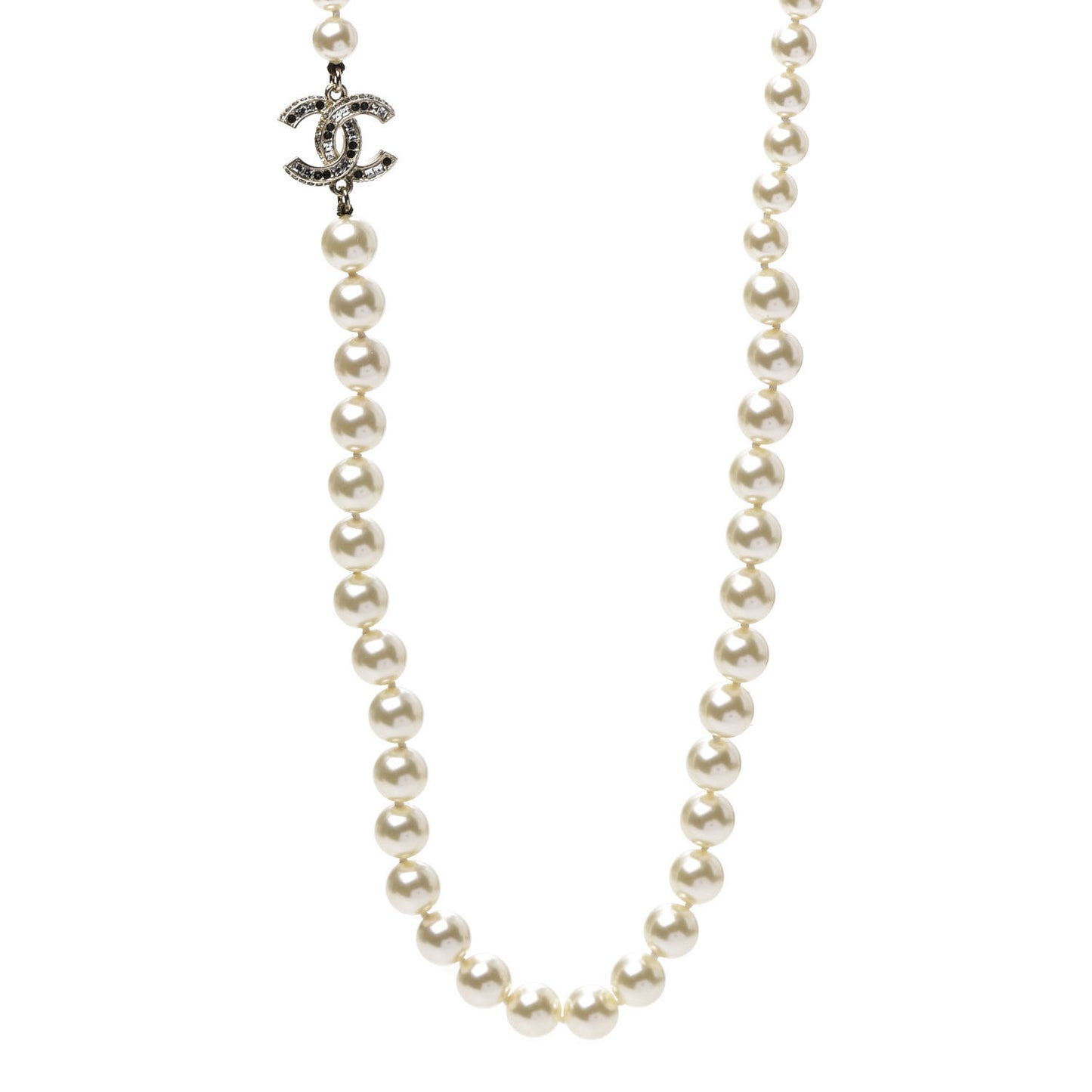 Graduated Pearl Crystal CC Long Necklace Gold Black