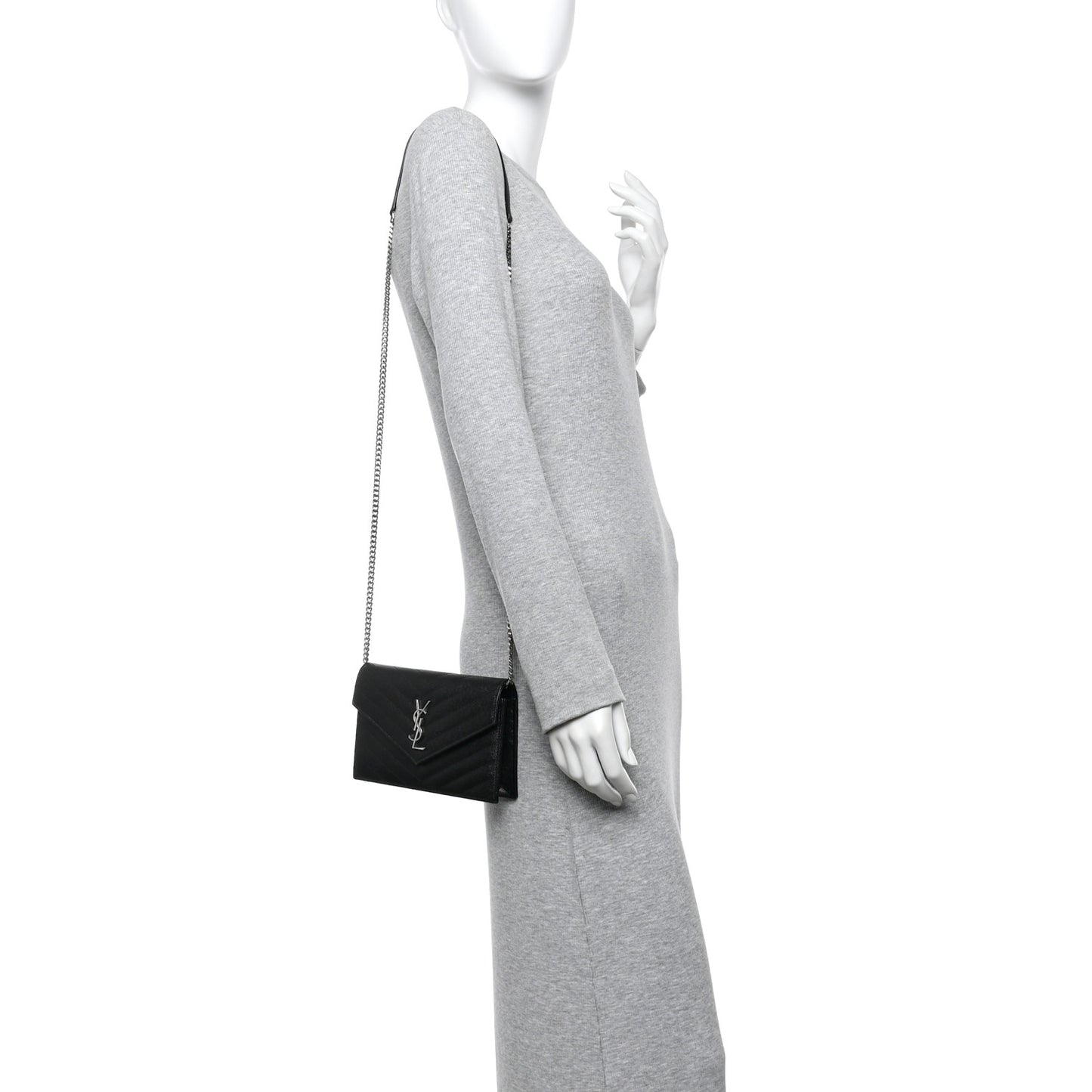 Grain De Poudre Matelasse Chevron Monogram Envelope Chain Wallet Black