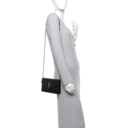 Saint Laurent Grain De Poudre Matelasse Chevron Monogram Envelope Chain Wallet Black 2 of 10