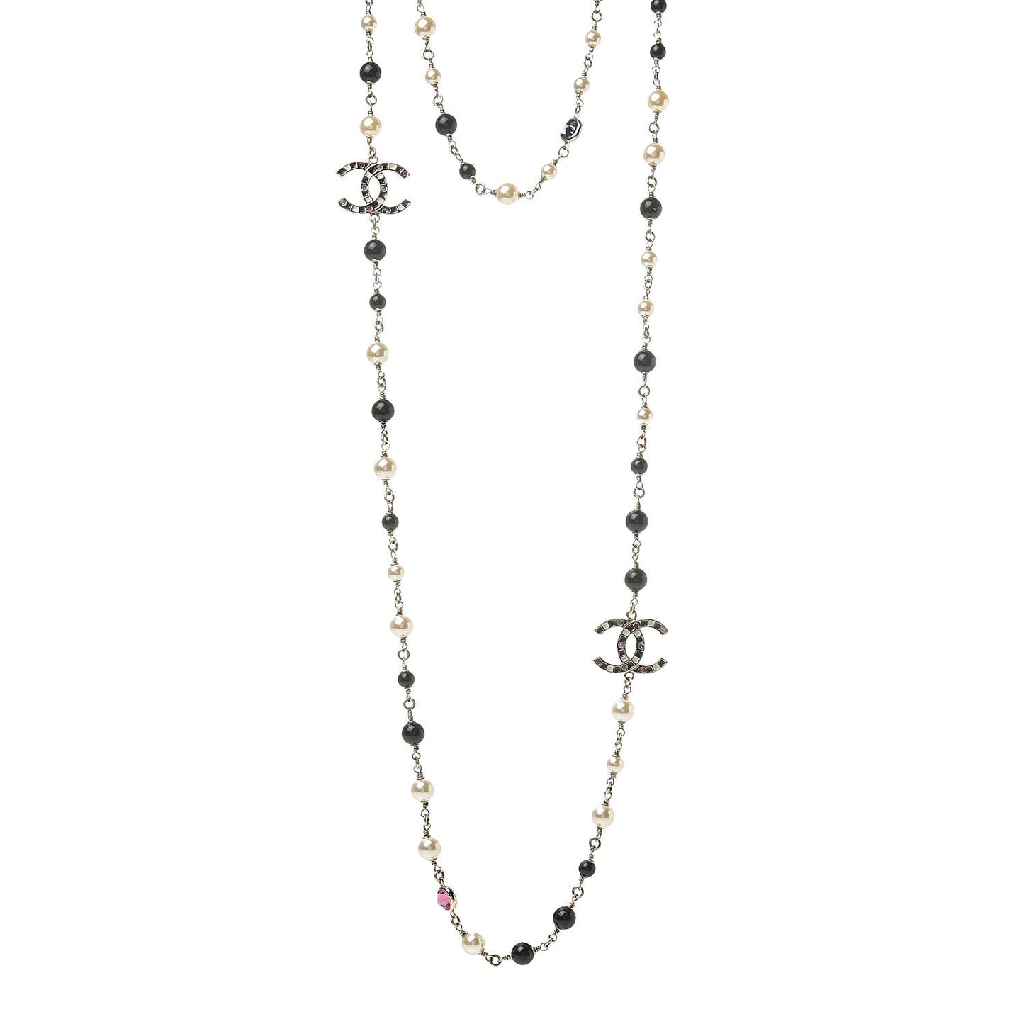 Pearl Crystal Bead CC Long Necklace Gold Black White Pink