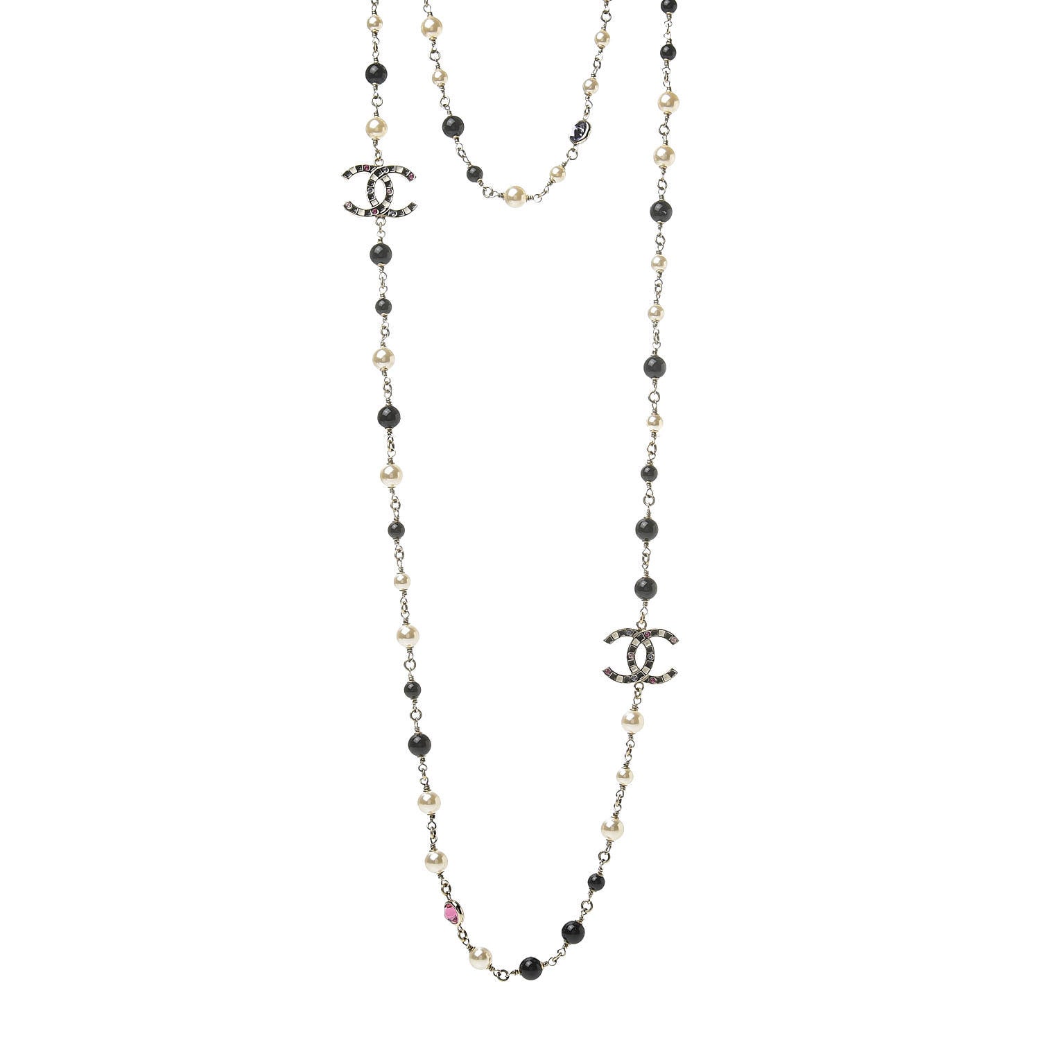 Chanel Pearl Crystal Bead CC Long Necklace Gold Black White Pink 1 of 5