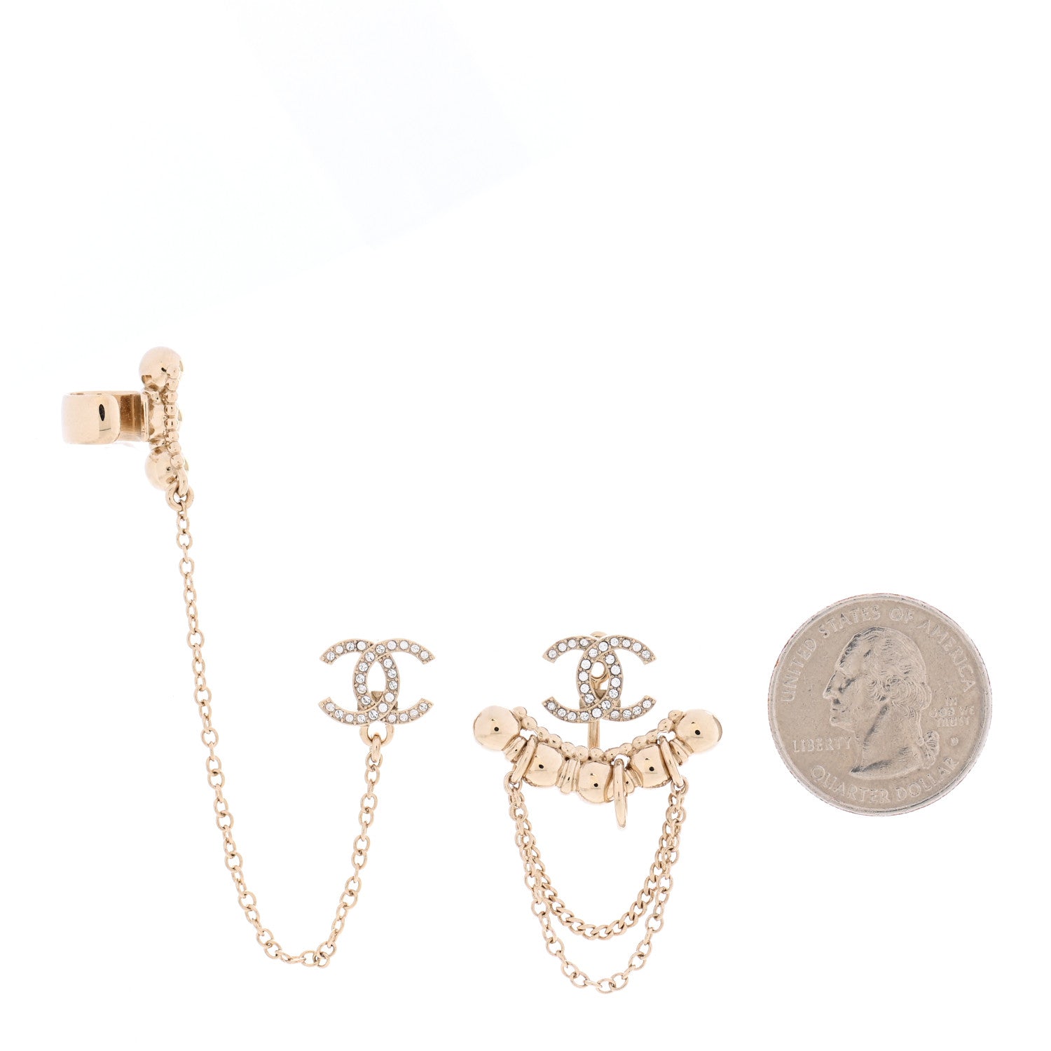 Chanel Metal Crystal CC Chain Cuff Earrings Gold 2 of 4