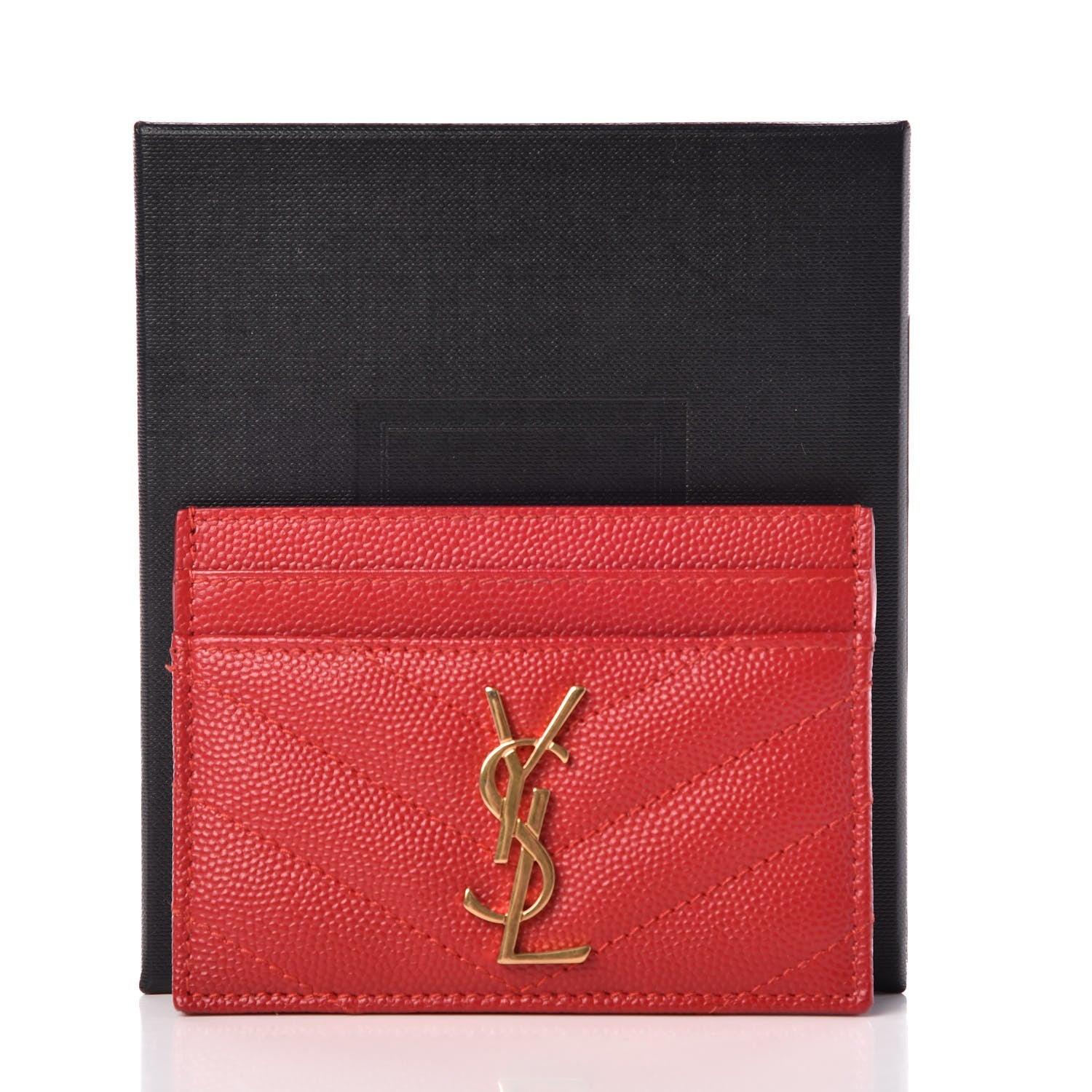 Saint Laurent Grain De Poudre Matelasse Chevron Monogram Credit Card Case New Red 8 of 8
