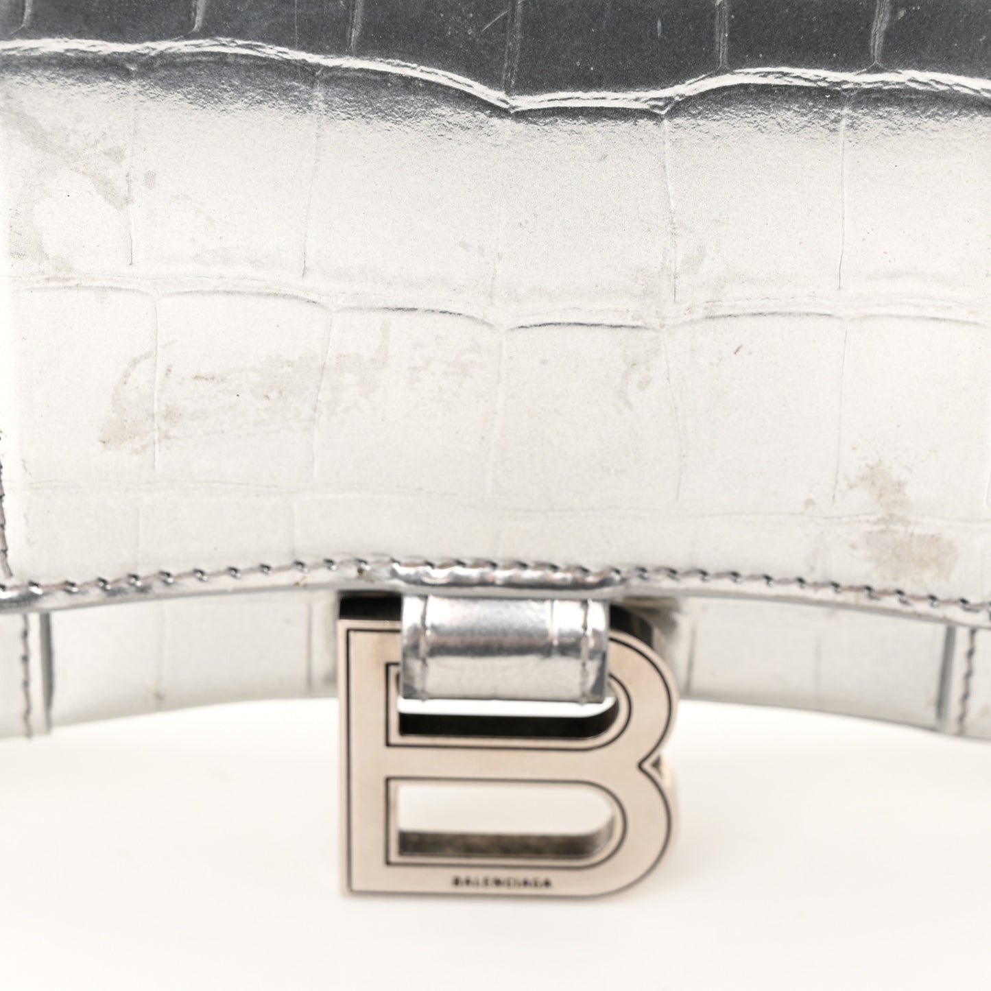 Metallic Calfskin Crocodile Embossed Hourglass Chain Bag Silver