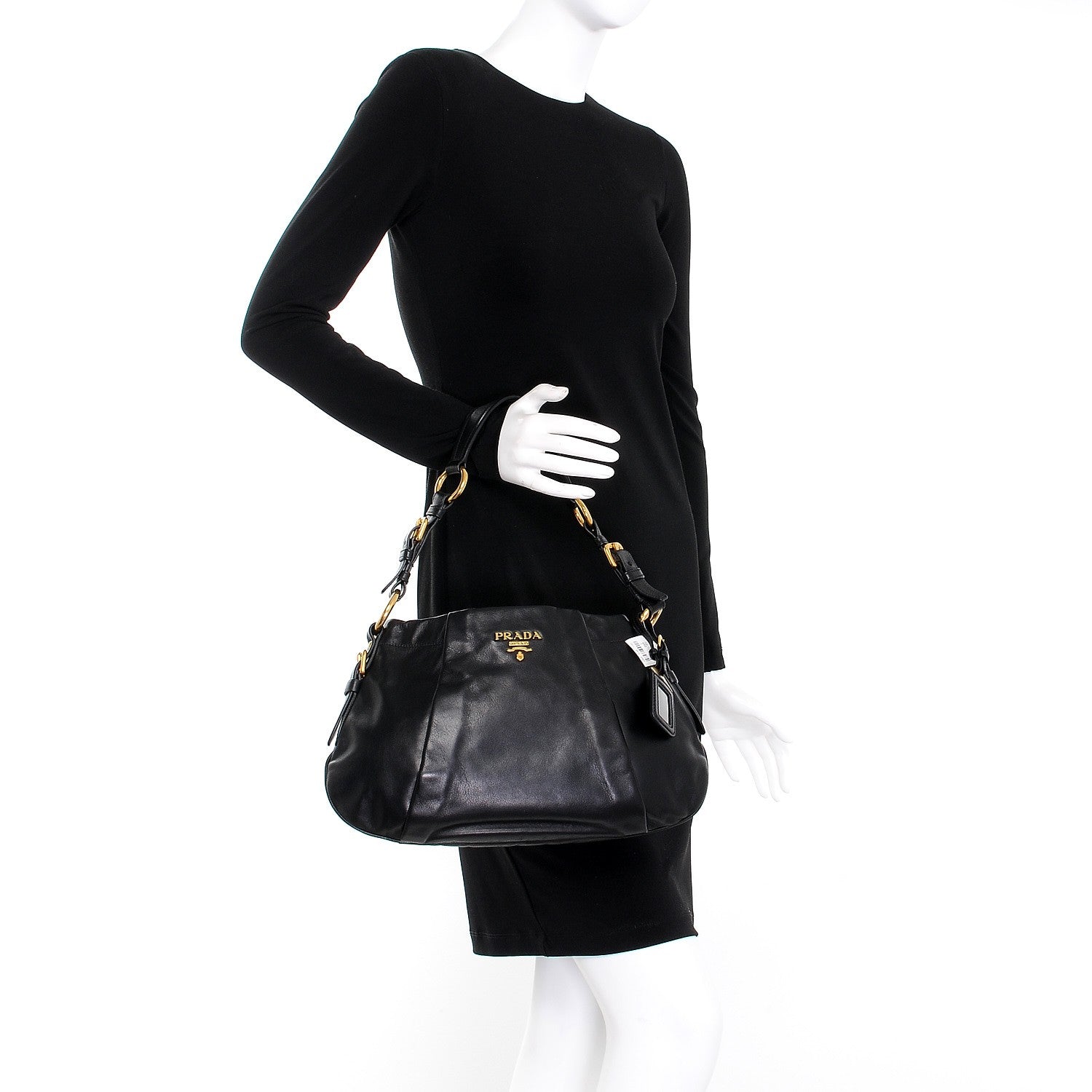 Prada Soft Calf Pleated Hobo Black 2 of 8