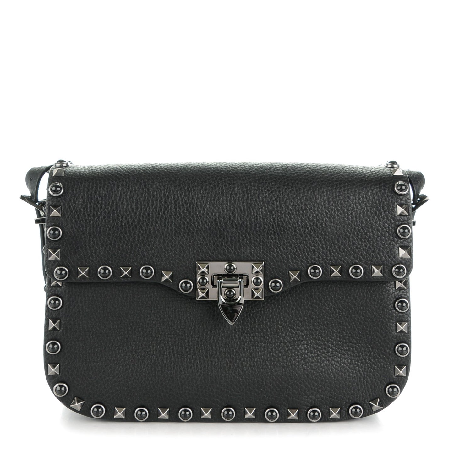 Pebbled Calfskin Onyx Medium Rockstud Rolling Flap Saddle Bag Black
