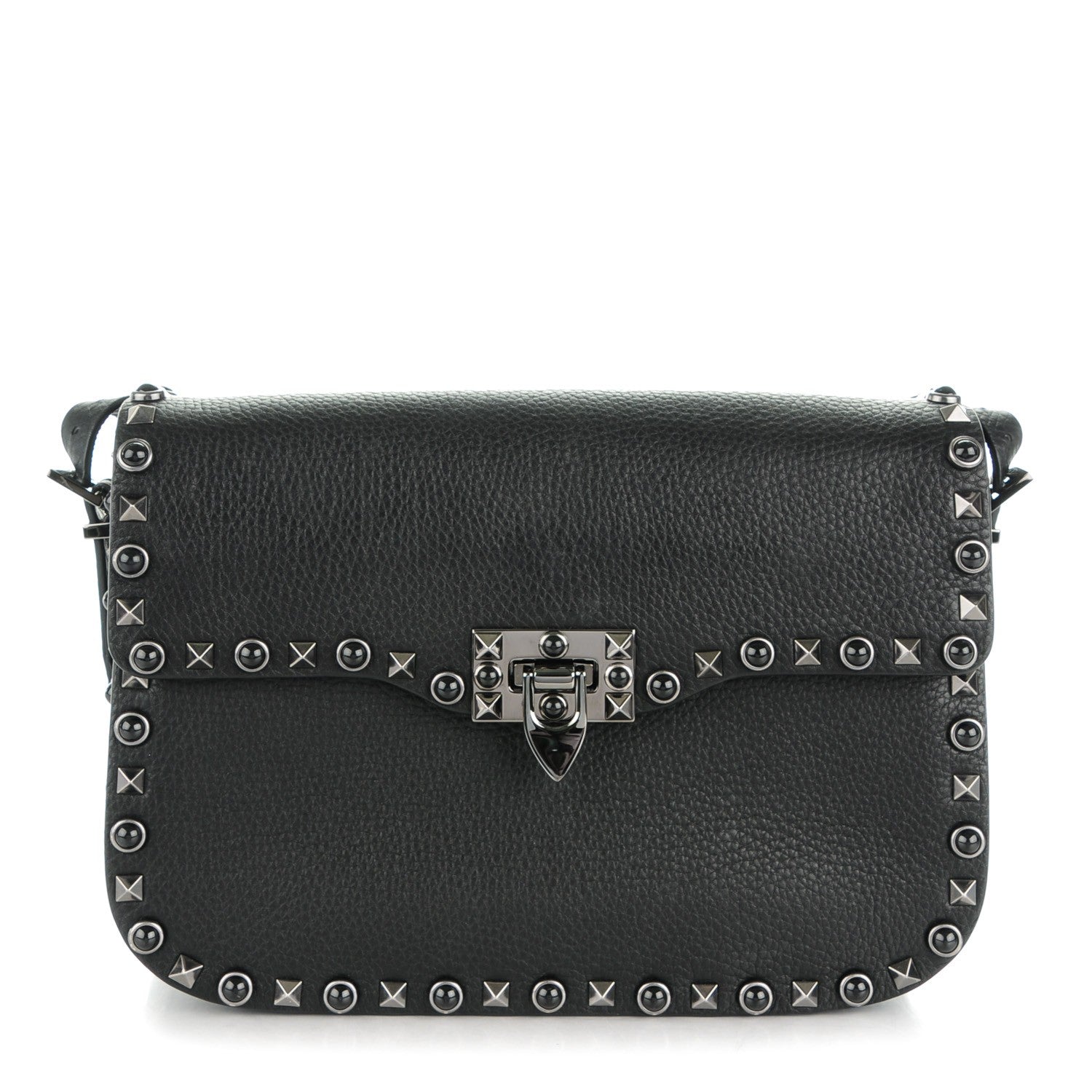 Valentino Garavani Pebbled Calfskin Onyx Medium Rockstud Rolling Flap Saddle Bag Black 1 of 7