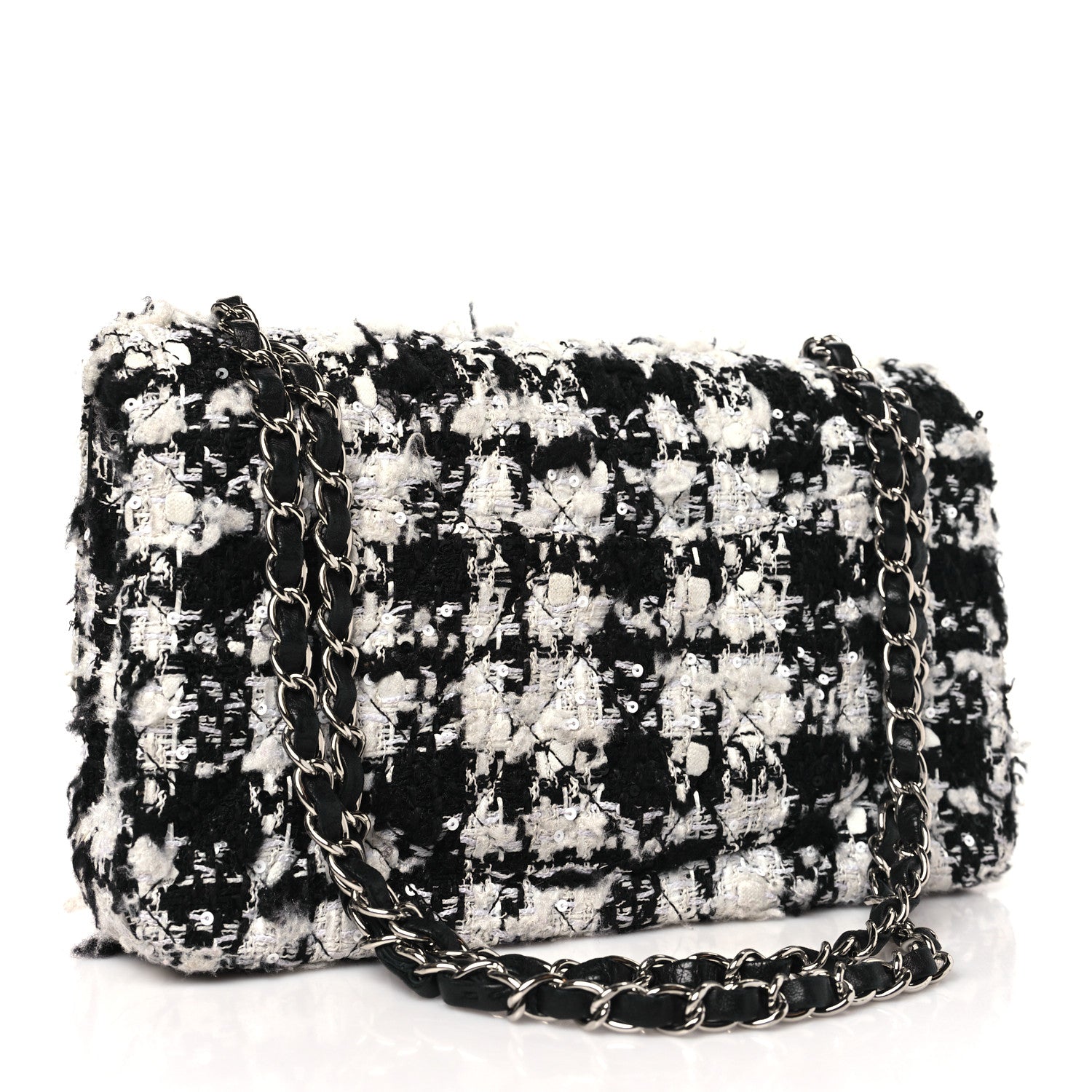 Chanel Tweed Quilted Medium Double Flap Black Ecru White 3 of 10