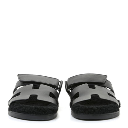 Hermes Calfskin Woolskin Womens Chypre Sandals 37 Black 4 of 10