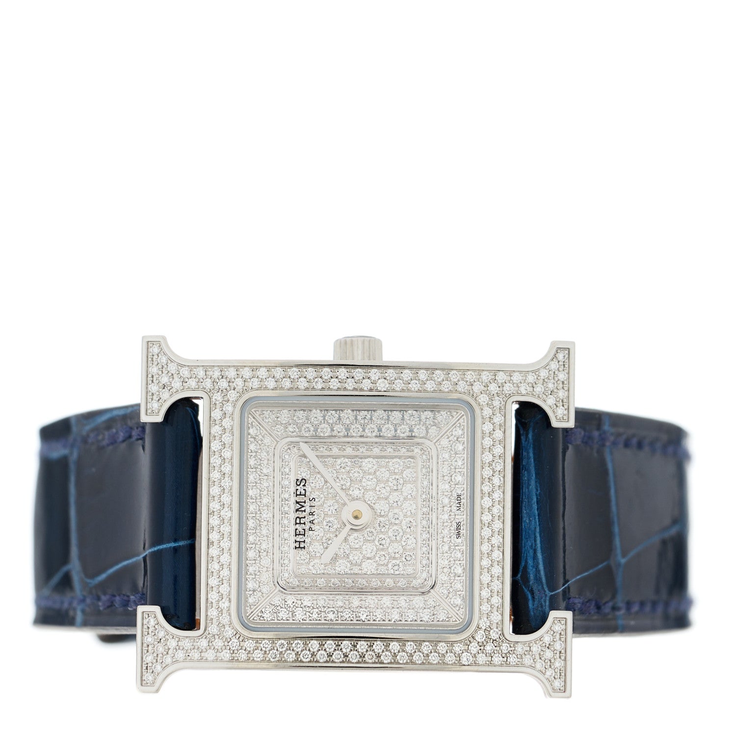 Hermes Stainless Steel Alligator Diamond Pave 21mm Heure H Hour Quartz Watch Bleu Saphir 2 of 6