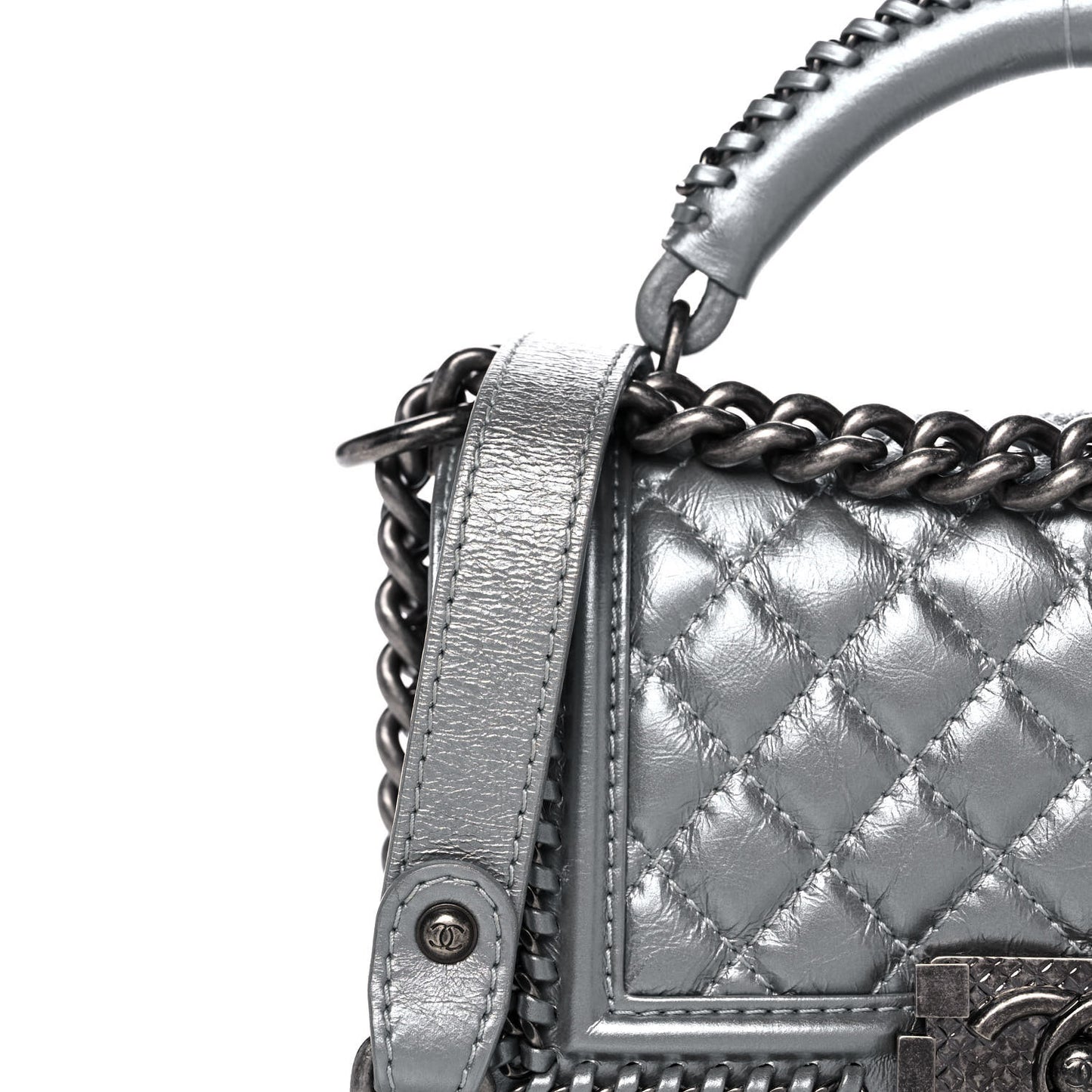 Metallic Aged Calfskin Quilted Small Boy Handle Flap Charcoal