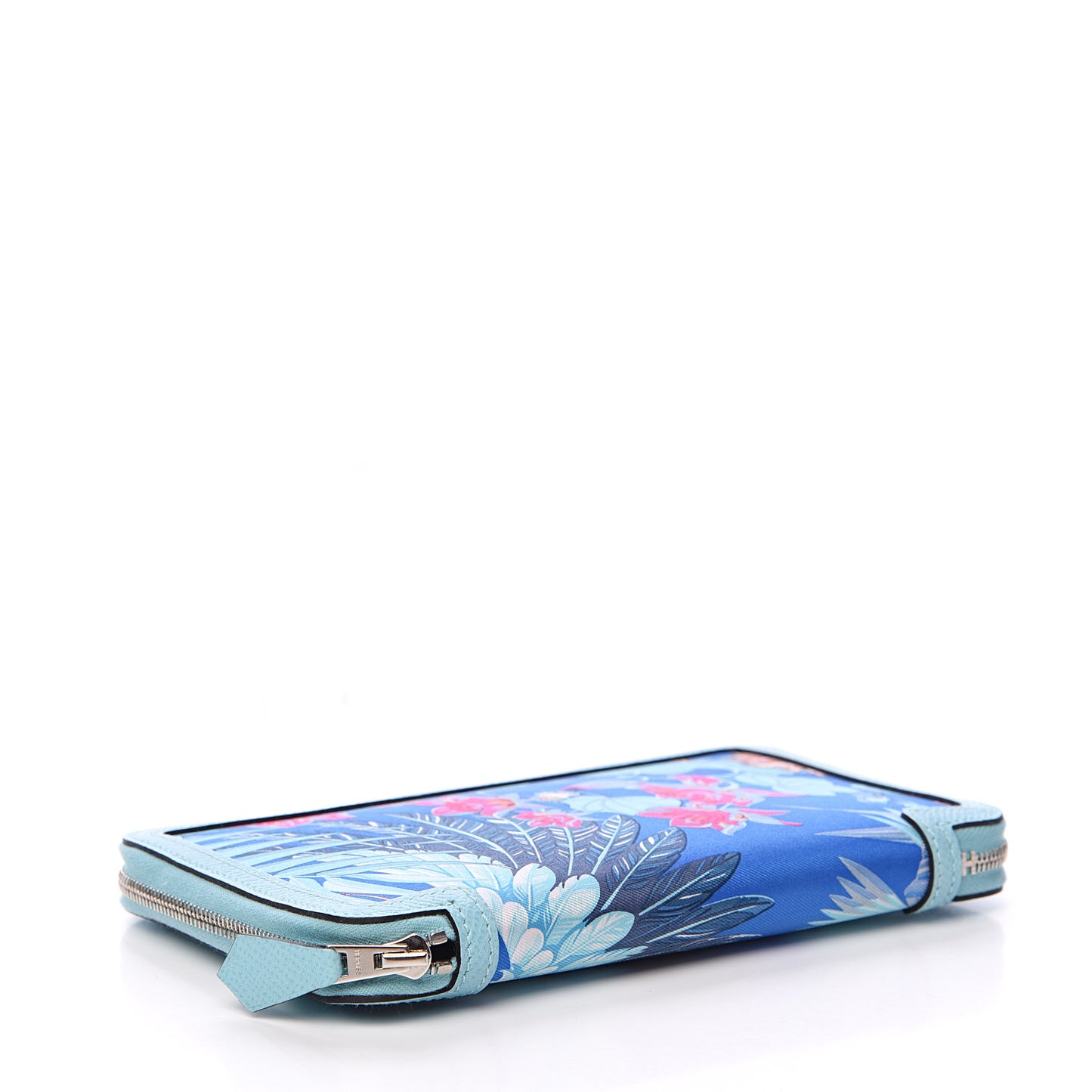 Epsom Printed Silk Flamingo Party Soie-Cool Wallet Mykonos Bleu Atoll