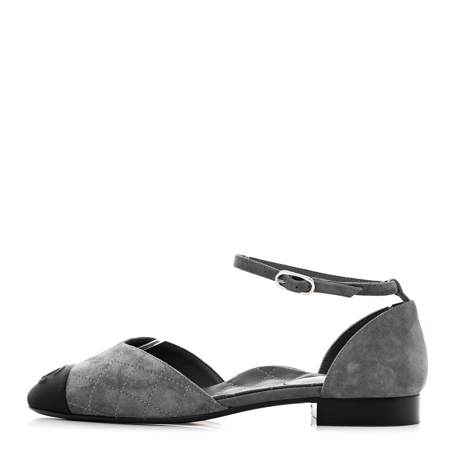 Chanel Suede Grosgrain Cap Toe CC Mary Jane Flats 37 Grey Black 1 of 9