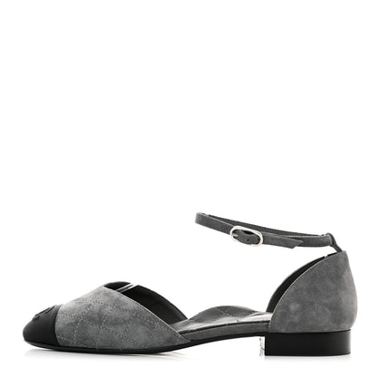 Chanel Suede Grosgrain Cap Toe CC Mary Jane Flats 37 Grey Black 1 of 9