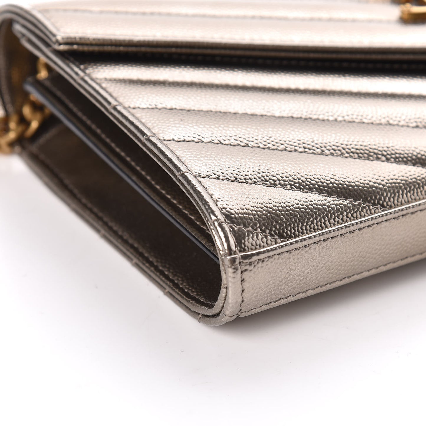 Iridescent Grain De Poudre Matelasse Chevron Monogram Chain Wallet Gold