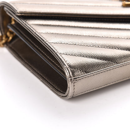 Saint Laurent Iridescent Grain De Poudre Matelasse Chevron Monogram Chain Wallet Gold 10 of 12