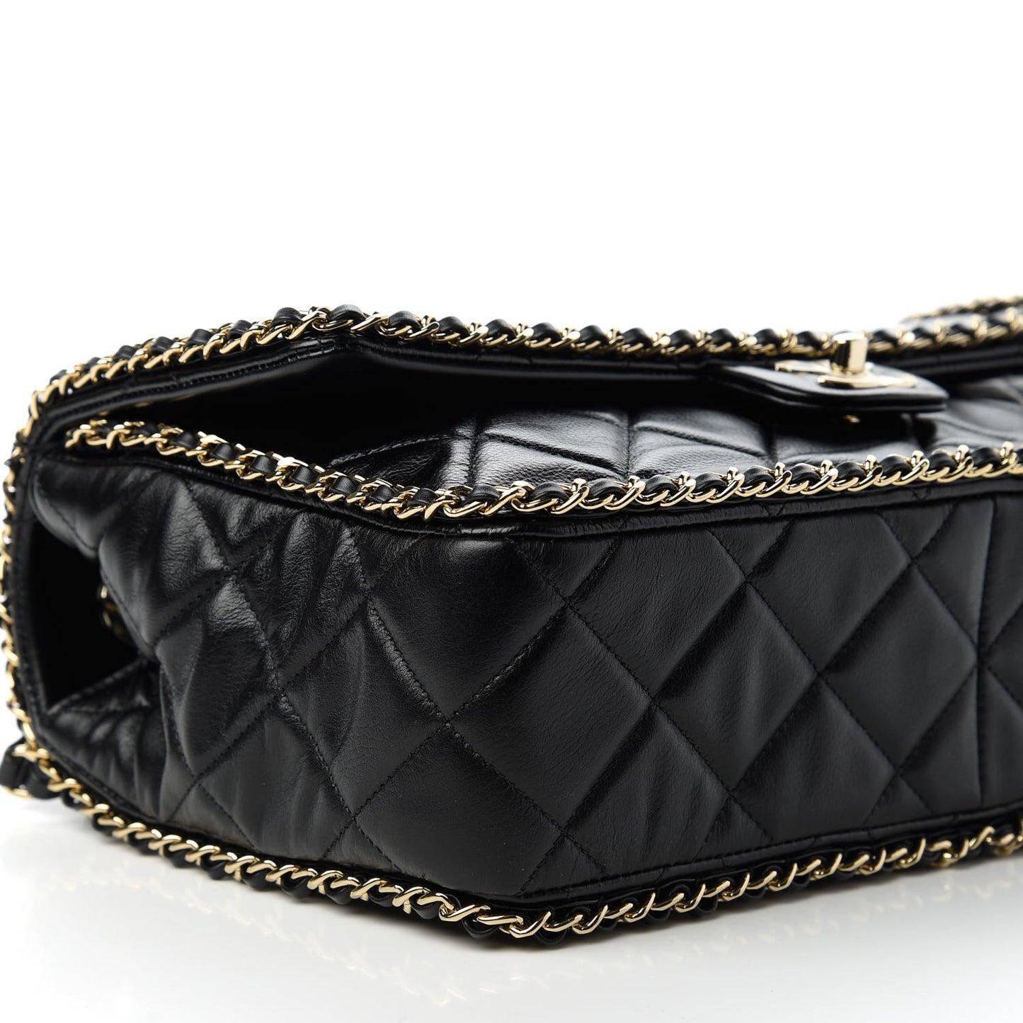 Crumpled Calfskin Quilted Large Chain All Over Flap Bag Black