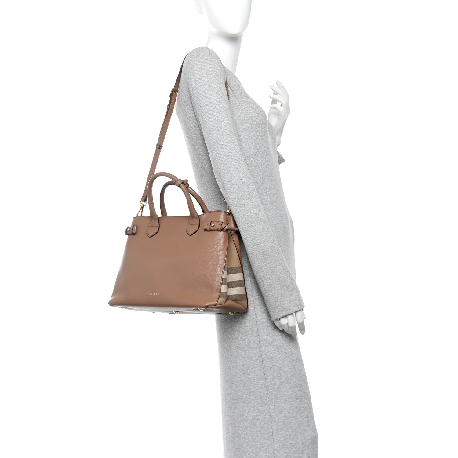 Burberry Grainy Calfskin House Check Medium Banner Tote Dark Sand 2 of 11