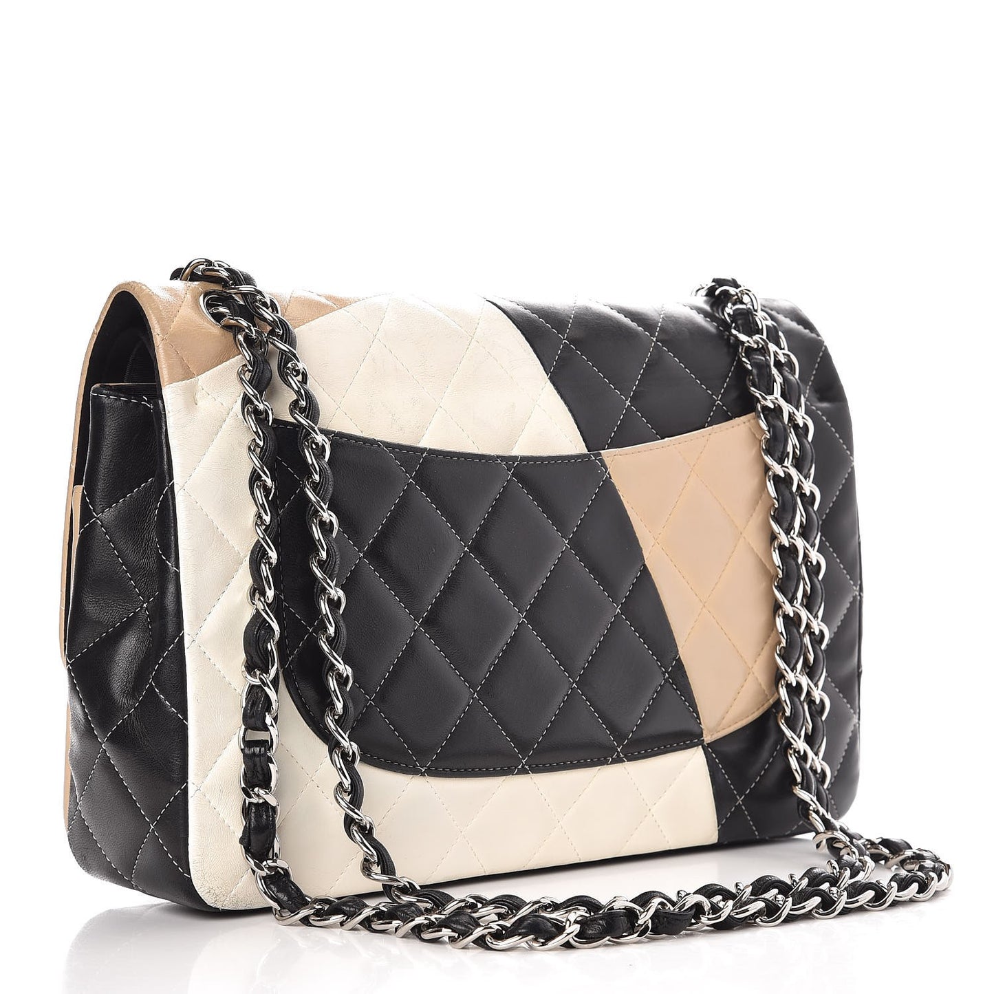 Lambskin Quilted Colorblock Jumbo Double Flap Black White Beige