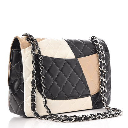 Chanel Lambskin Quilted Colorblock Jumbo Double Flap Black White Beige 4 of 18