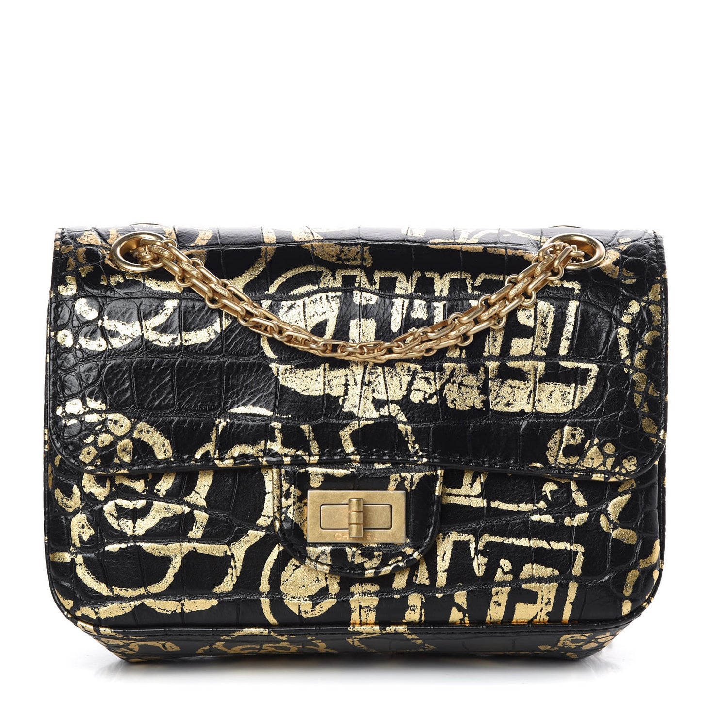 Calfskin Crocodile Embossed Graffiti 2.55 Mini Cocodile Reissue Flap Black Gold