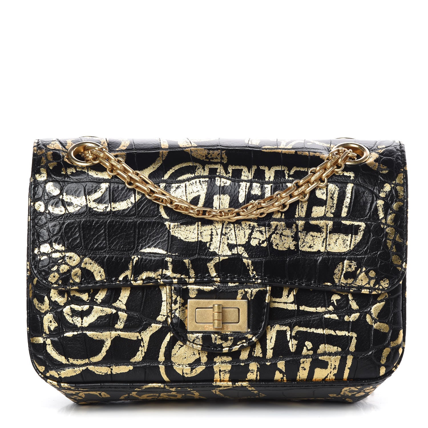 Chanel Calfskin Crocodile Embossed Graffiti 2.55 Mini Cocodile Reissue Flap Black Gold 1 of 11