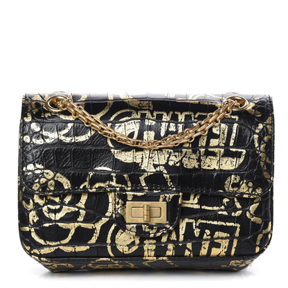 Chanel Calfskin Crocodile Embossed Graffiti 2.55 Mini Cocodile Reissue Flap Black Gold 1 of 11