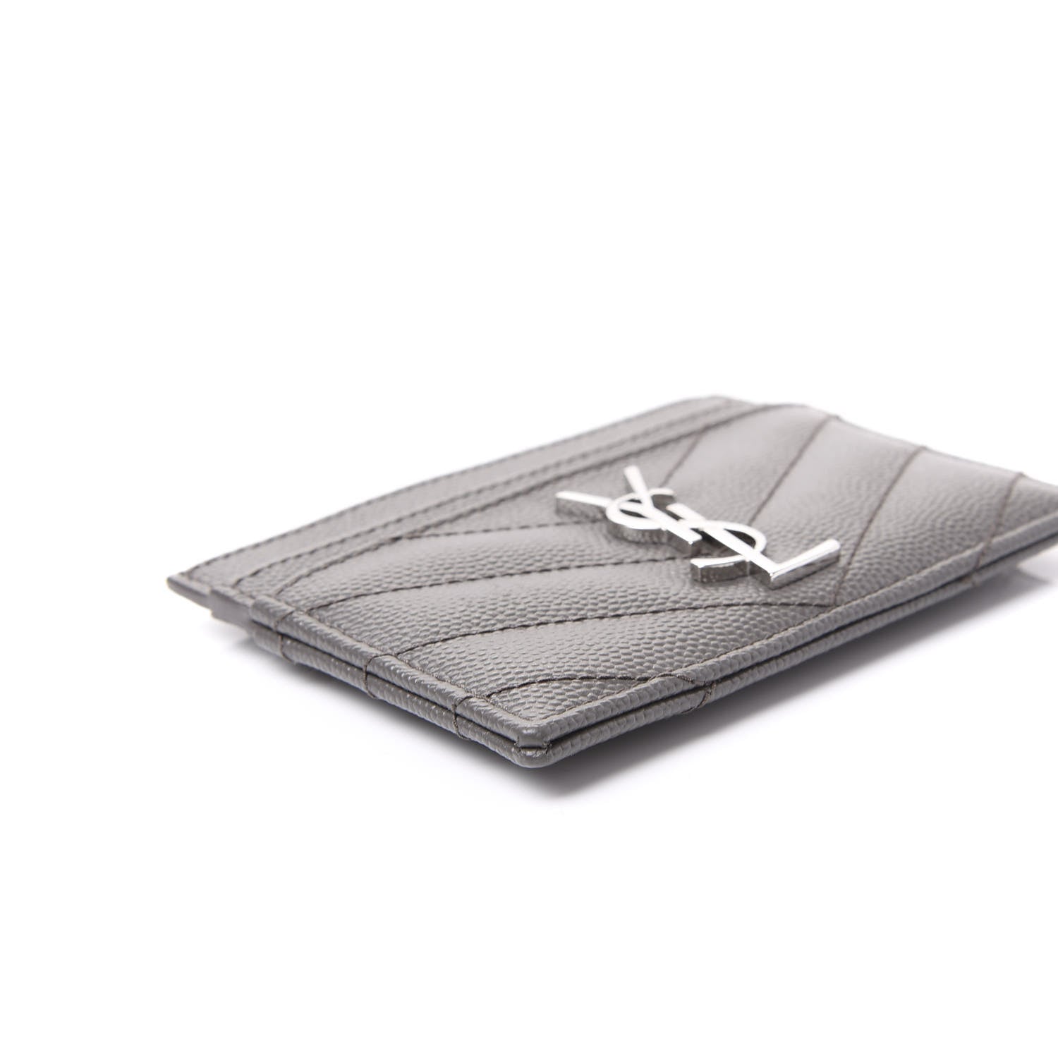 Saint Laurent Grain De Poudre Matelasse Chevron Monogram Credit Card Case Coal 6 of 10