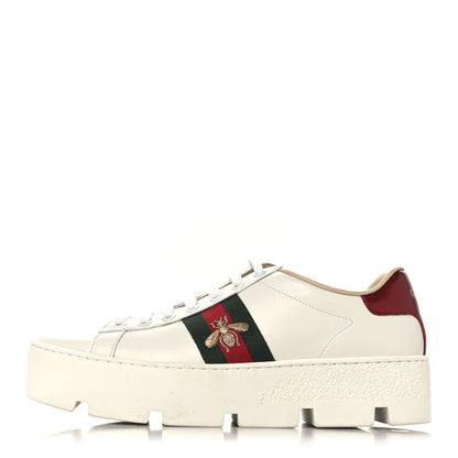 Gucci Calfskin Web Bee Embroidered Womens Ace Platform Sneakers 37.5 White 1 of 9