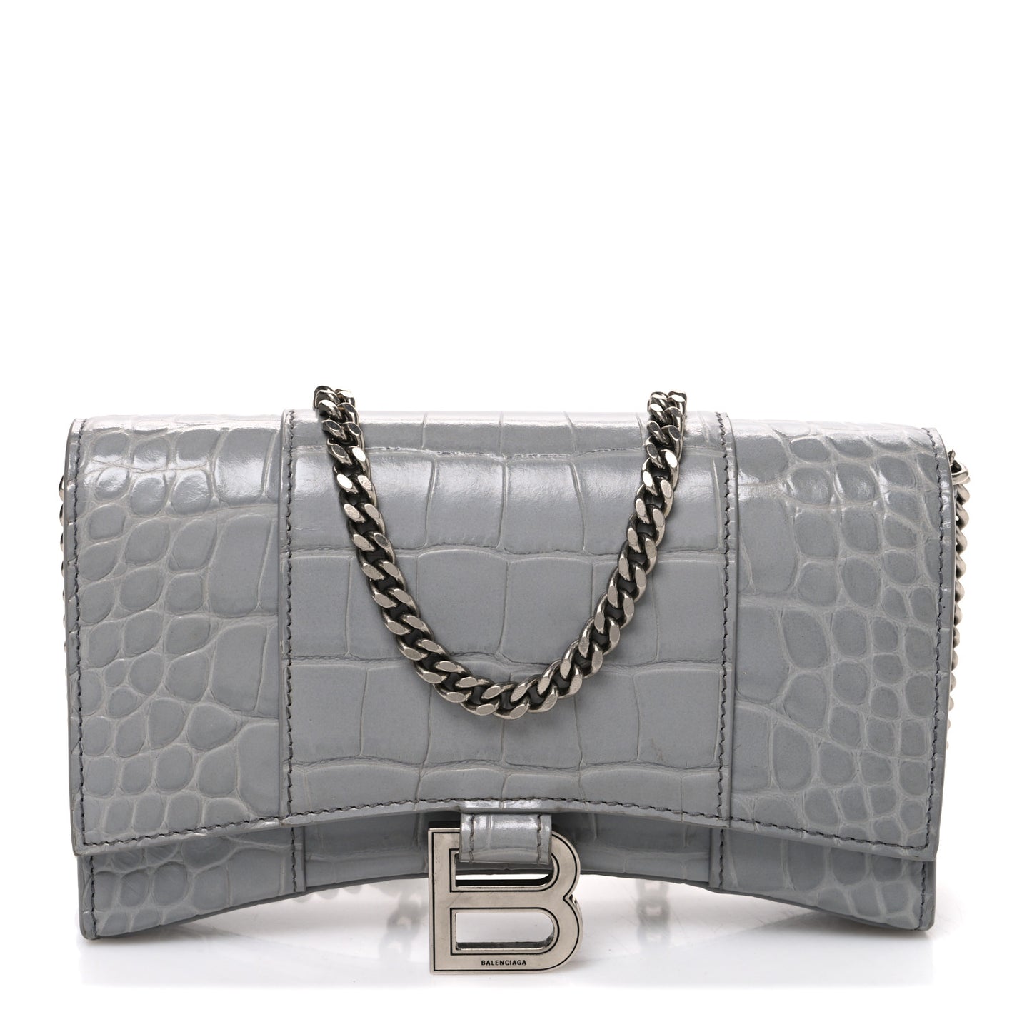 Shiny Calfskin Crocodile Embossed Hourglass Chain Bag Balenciaga Steel Grey