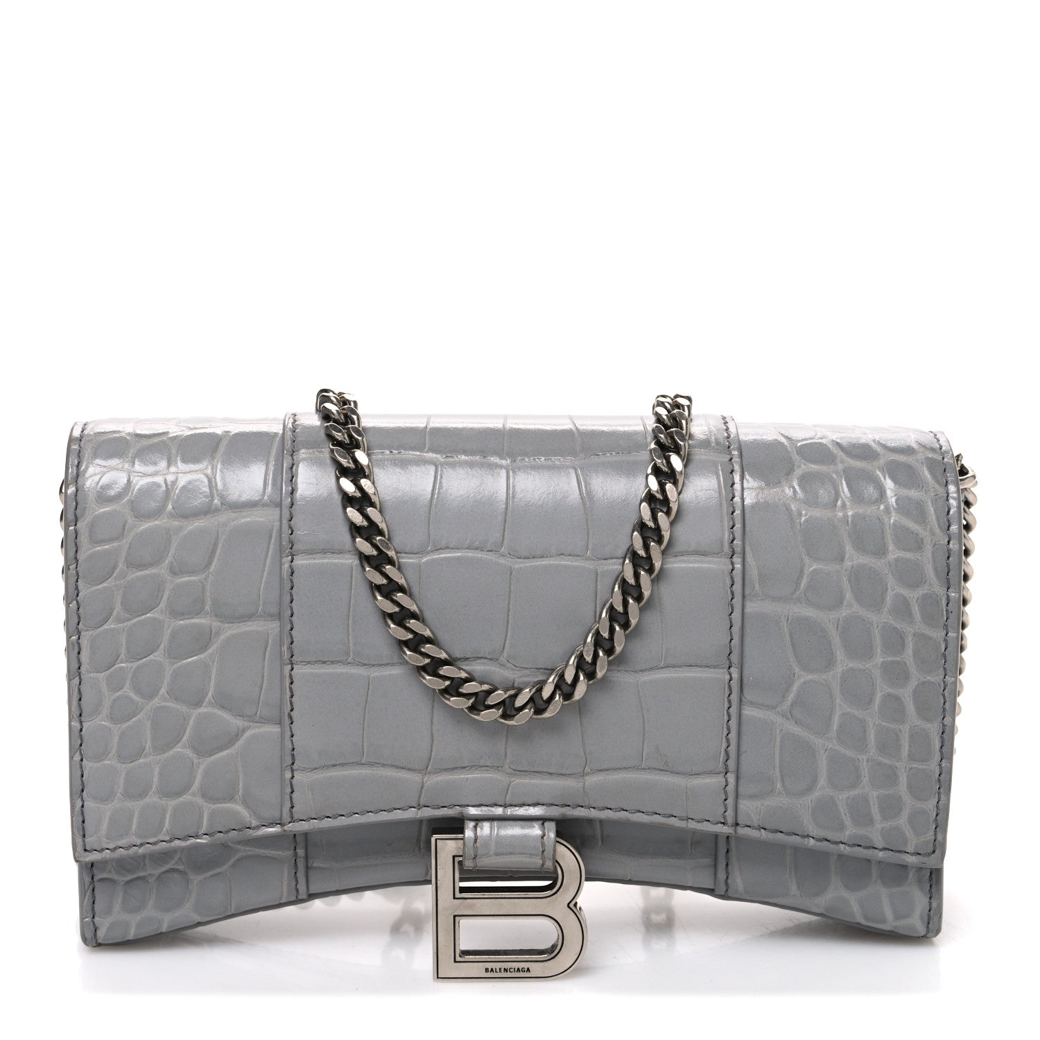 Balenciaga Shiny Calfskin Crocodile Embossed Hourglass Chain Bag Balenciaga Steel Grey 1 of 10