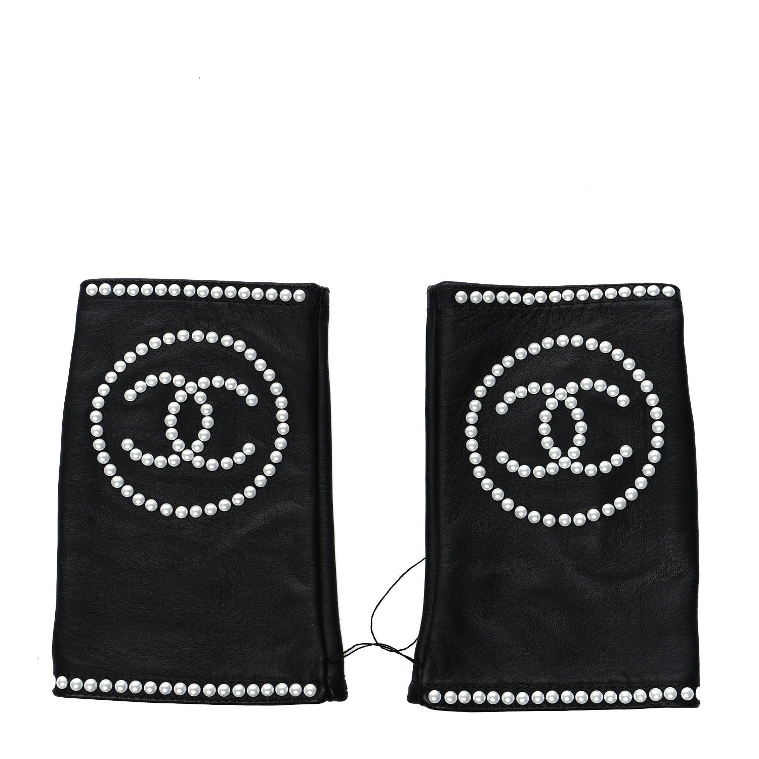 Chanel Lambskin Fingerless Pearl CC Gloves 7.5 Black 1 of 4
