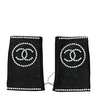 Chanel Lambskin Fingerless Pearl CC Gloves 7.5 Black 1 of 4