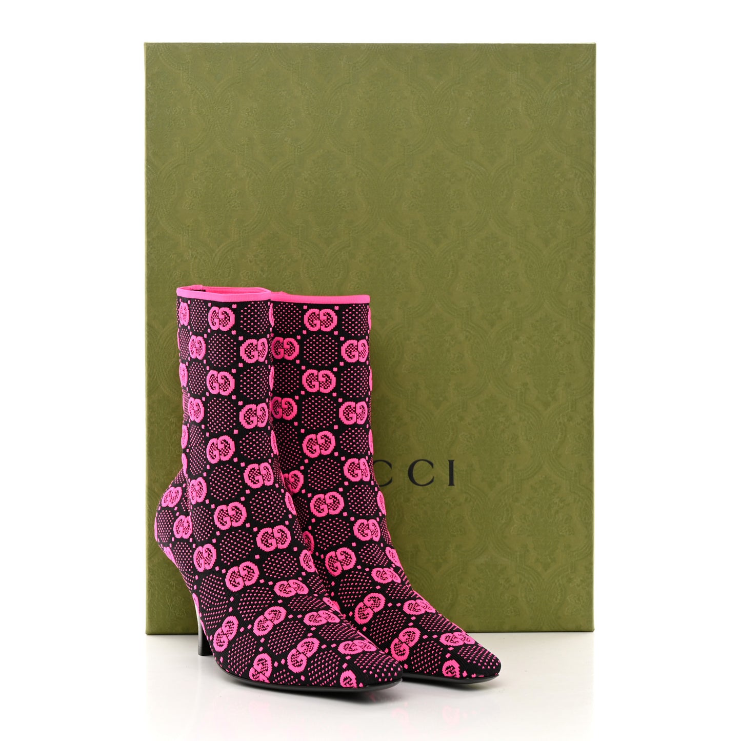 Technical Jersey Knit GG Monogram Square G 75mm Ankle Boots 36 Black Neon Fucsia