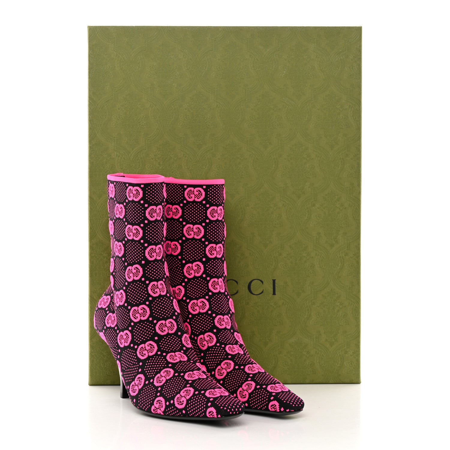 Gucci Technical Jersey Knit GG Monogram Square G 75mm Ankle Boots 36 Black Neon Fucsia 8 of 8