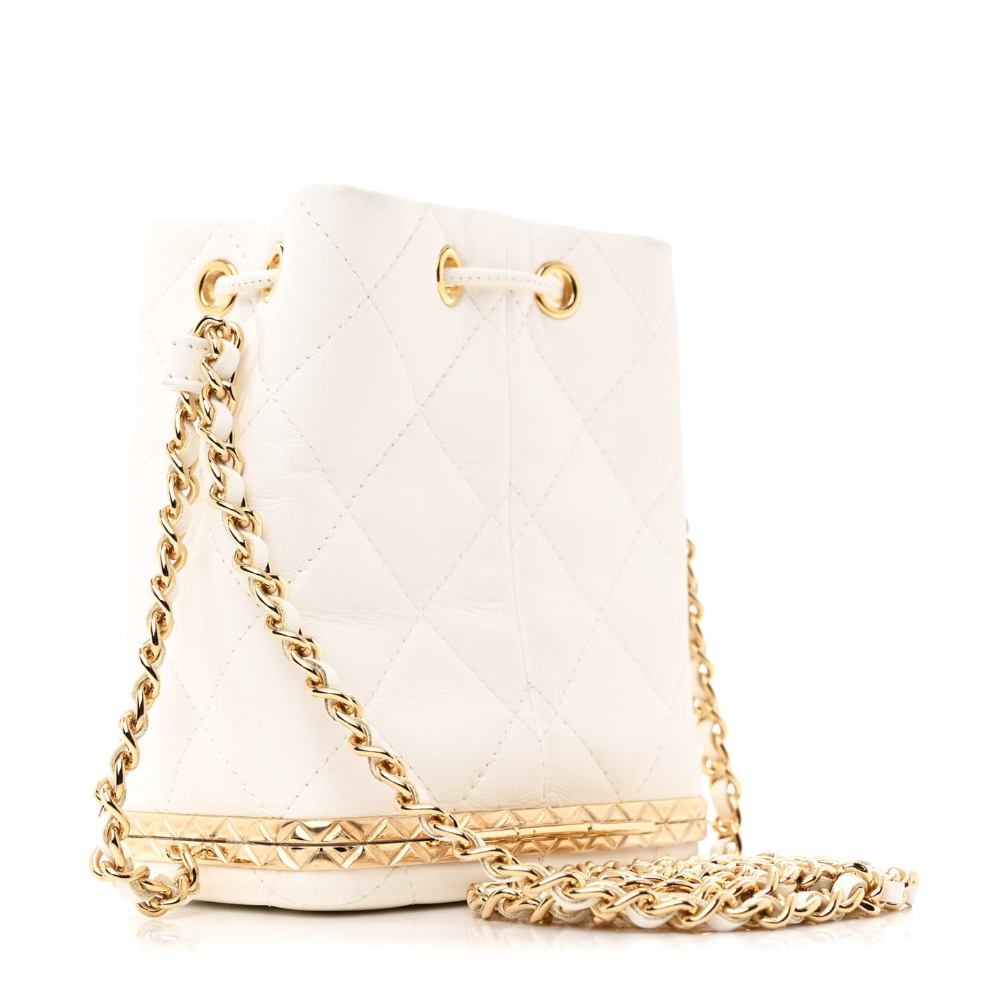 Metal Lambskin Quilted Small Chain Bucket Bag White