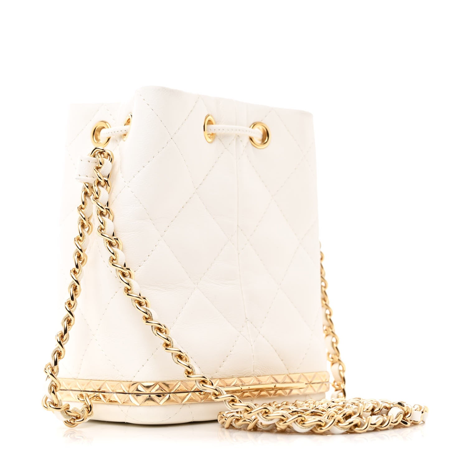 Chanel Metal Lambskin Quilted Small Chain Bucket Bag White 3 of 12
