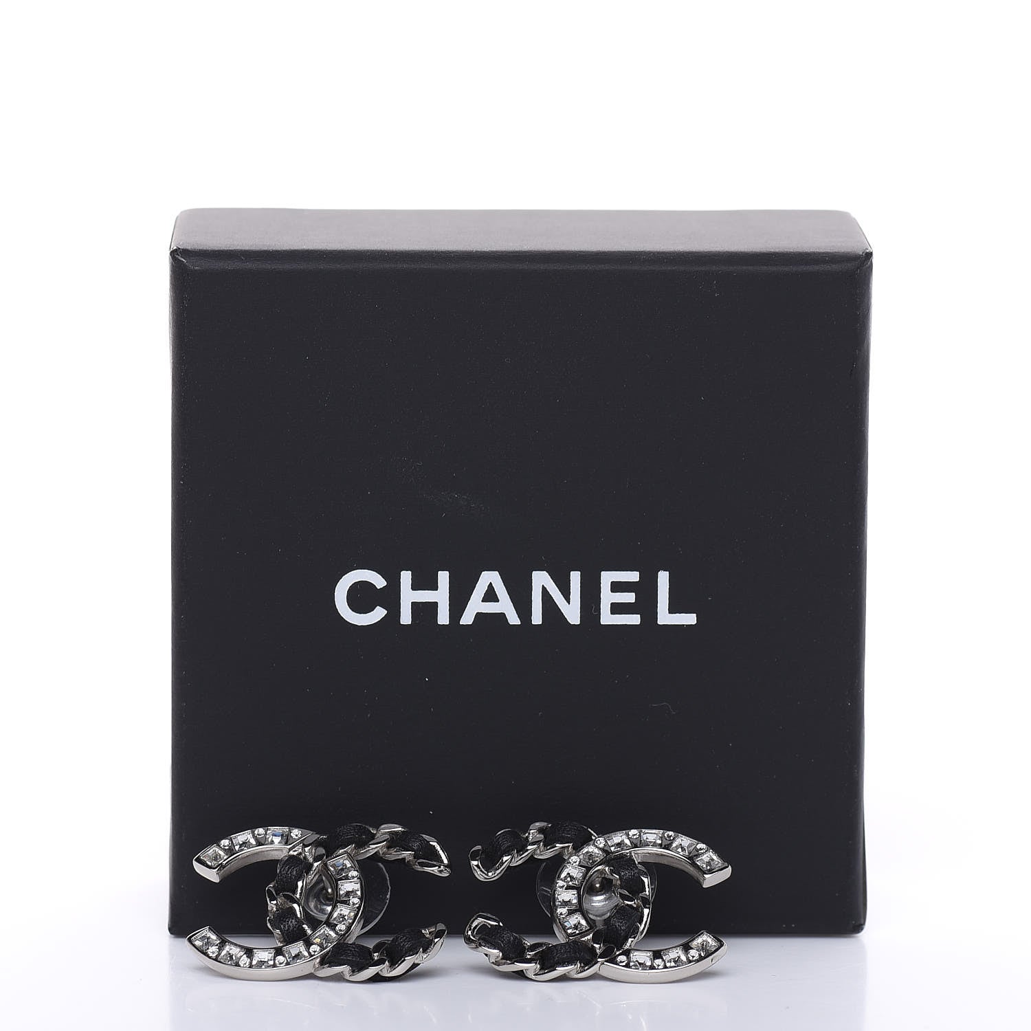 Chanel Crystal Baguette Lambskin Large CC Earrings Silver Black 6 of 6