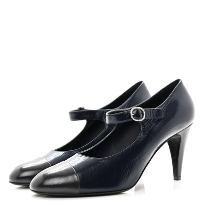Chanel Shiny Goatskin Cap Toe Mary Jane Pumps 42 Navy Blue Dark Grey 3 of 9