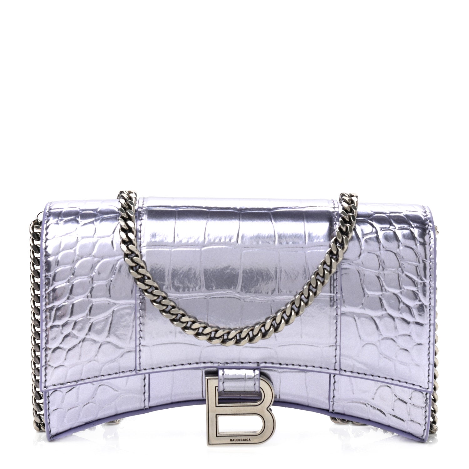 Balenciaga Shiny Metallic Calfskin Crocodile Embossed Hourglass Chain Bag Lilac 1 of 9
