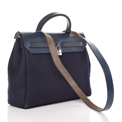 Hermes Toile Vache Calfskin Herbag 30 PM Navy Bleu Natural 3 of 20