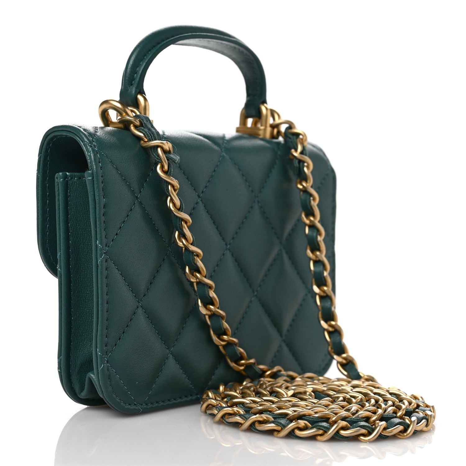 Chanel Lambskin Quilted Top Handle Flap Coin Purse With Chain Green 3 of 11