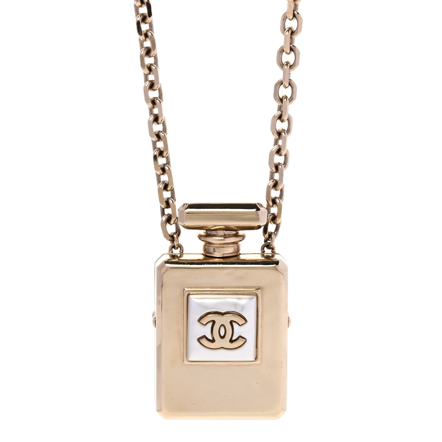 Chanel Metal Pearl Perfume Bottle CC Locket Necklace Gold 4 of 7