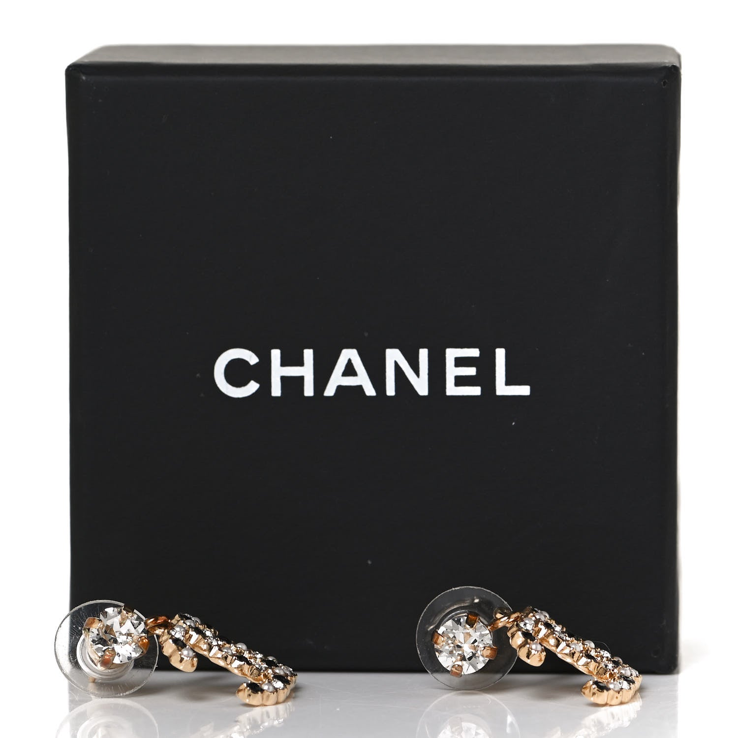 Chanel Resin Crystal Pearl CC Drop Earrings Gold Black 5 of 5